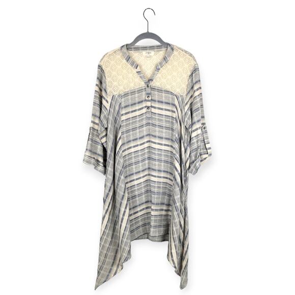 UMGEE Blue and Ivory Striped Shark Bite Hem Lace Tunic Dress‎ Size Large - Picture 1 of 10